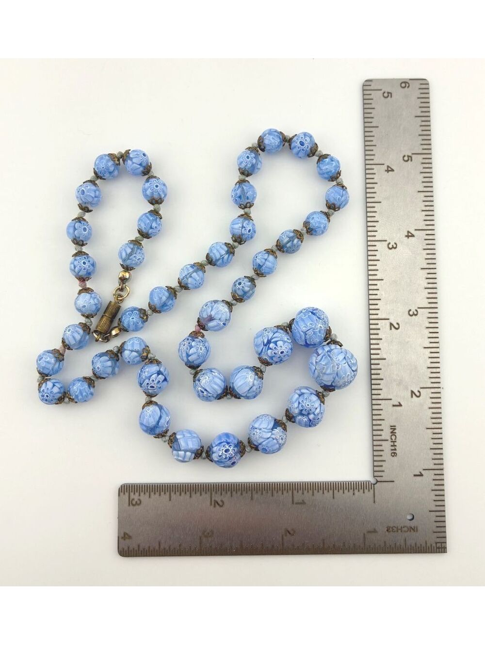 Vintage Blue Millefiori Venetian Textured Graduated Glass Bead 24" Necklace - Picture 11 of 12
